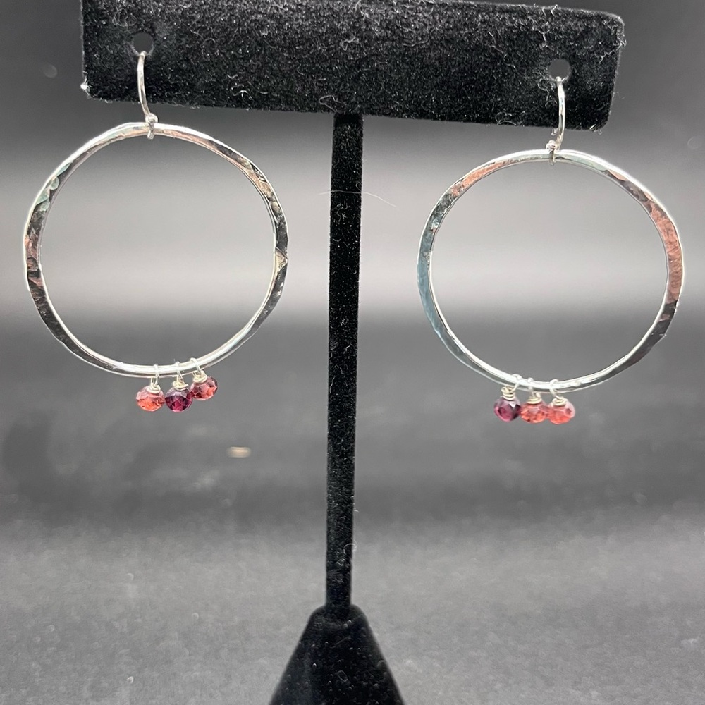 Sterling Silver Hoop Earrings with garnet bead Accents